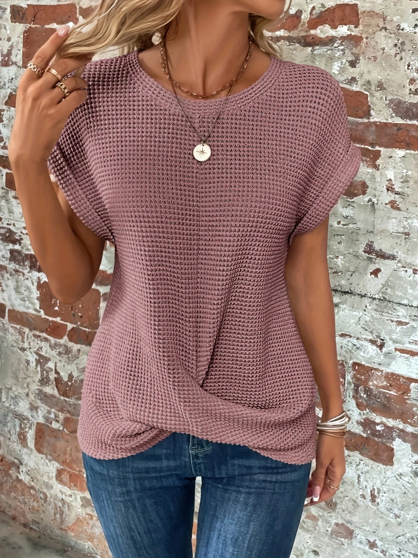 Liora Twist-Front Top — Women's Soft Knit Waffle Shirt with Sculpted Hem
