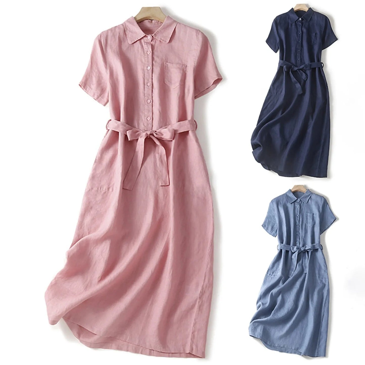 Liora Linen Dress — Breathable Collared Midi with Adjustable Belt