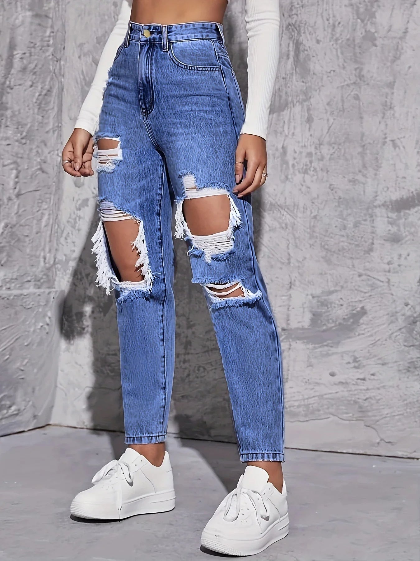 Maren Distress — High-Rise Straight Leg Denim Jeans