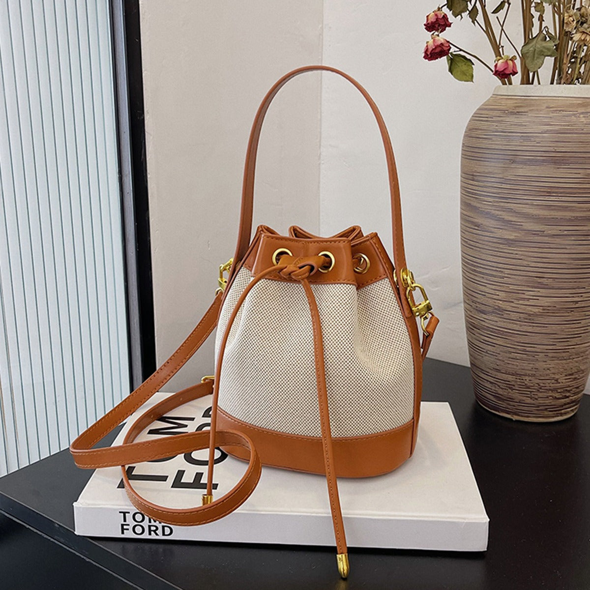 Oslen Canvas Bucket Bag — Lightweight Vegan Leather Trim Tote