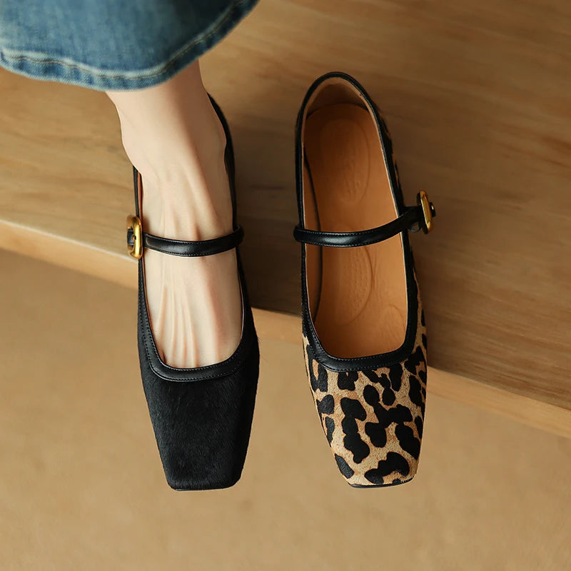 Embera — Genuine Horsehair Square-Toe Pumps with Low Block Heel
