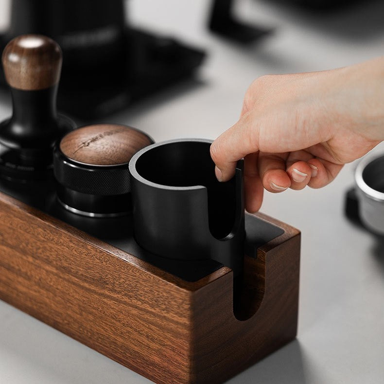 Barizio — Walnut Espresso Tamping Station with Silicone-Lined Slots