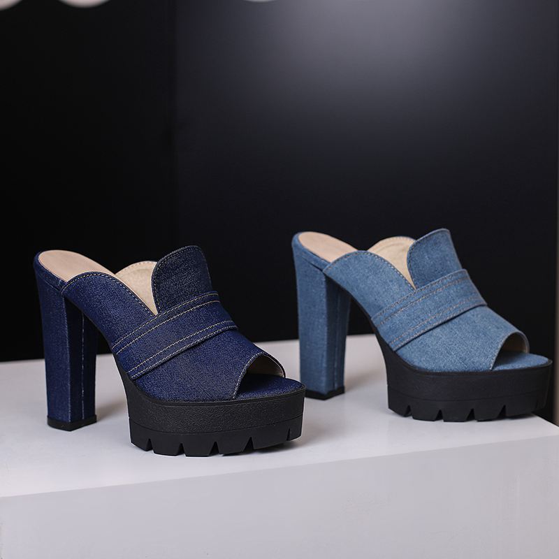 Norla Chunky Heel Denim Sandals — Raw Denim Open-Toe Comfort Heels