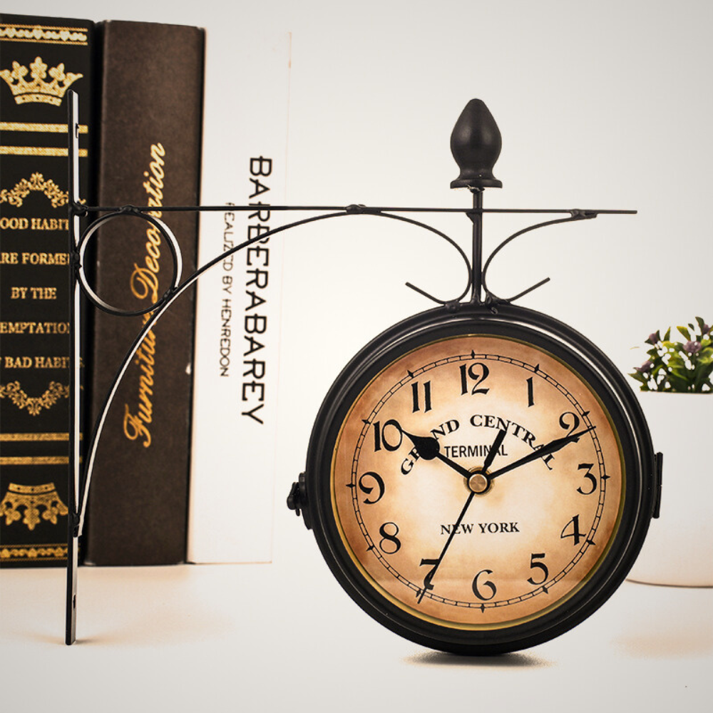 Harlen — Vintage Double-Sided Wall Clock with Wrought Iron Bracket