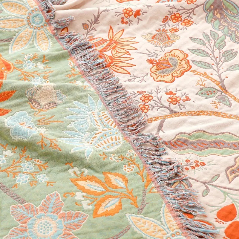 Liora — Boho Floral Cotton Throw Blanket with Textured Fringe