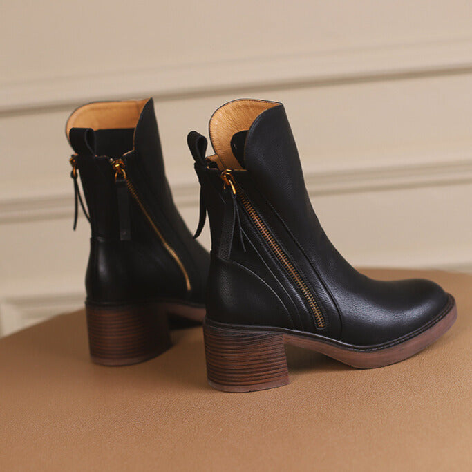 Vessara Vegan Leather Block-Heel Boots — Comfortable Zippered Fall Footwear