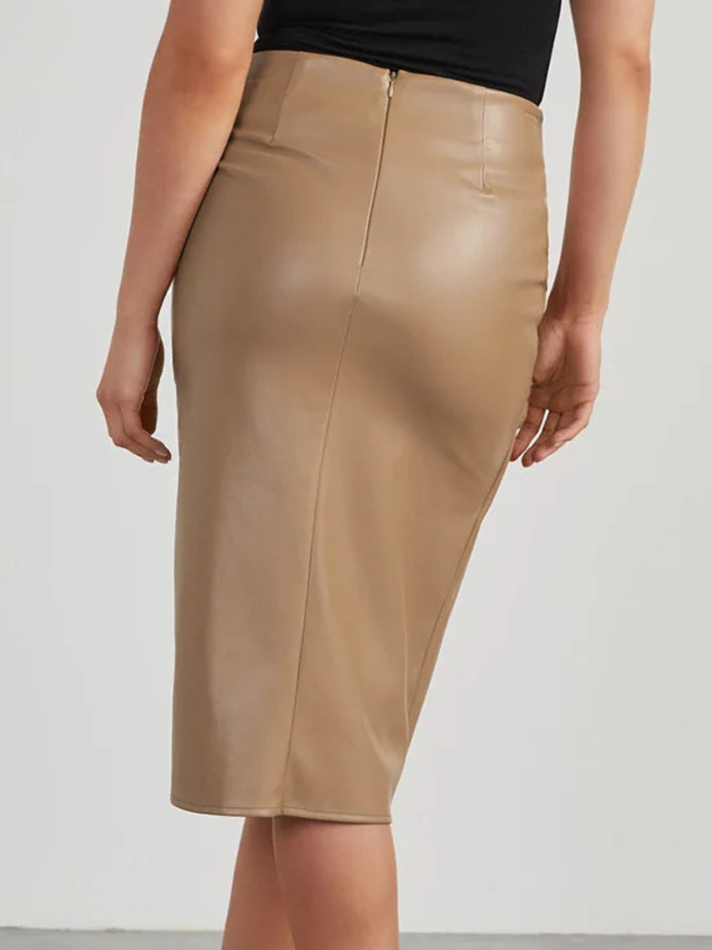 Marinelle — Vegan Leather Midi Skirt with Asymmetric Slit