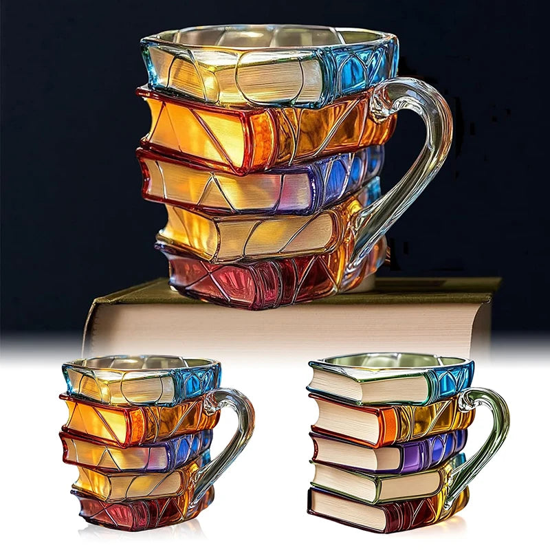 Aleron — 3D Acrylic Book Stack Coffee Mug with Stained-Glass Design
