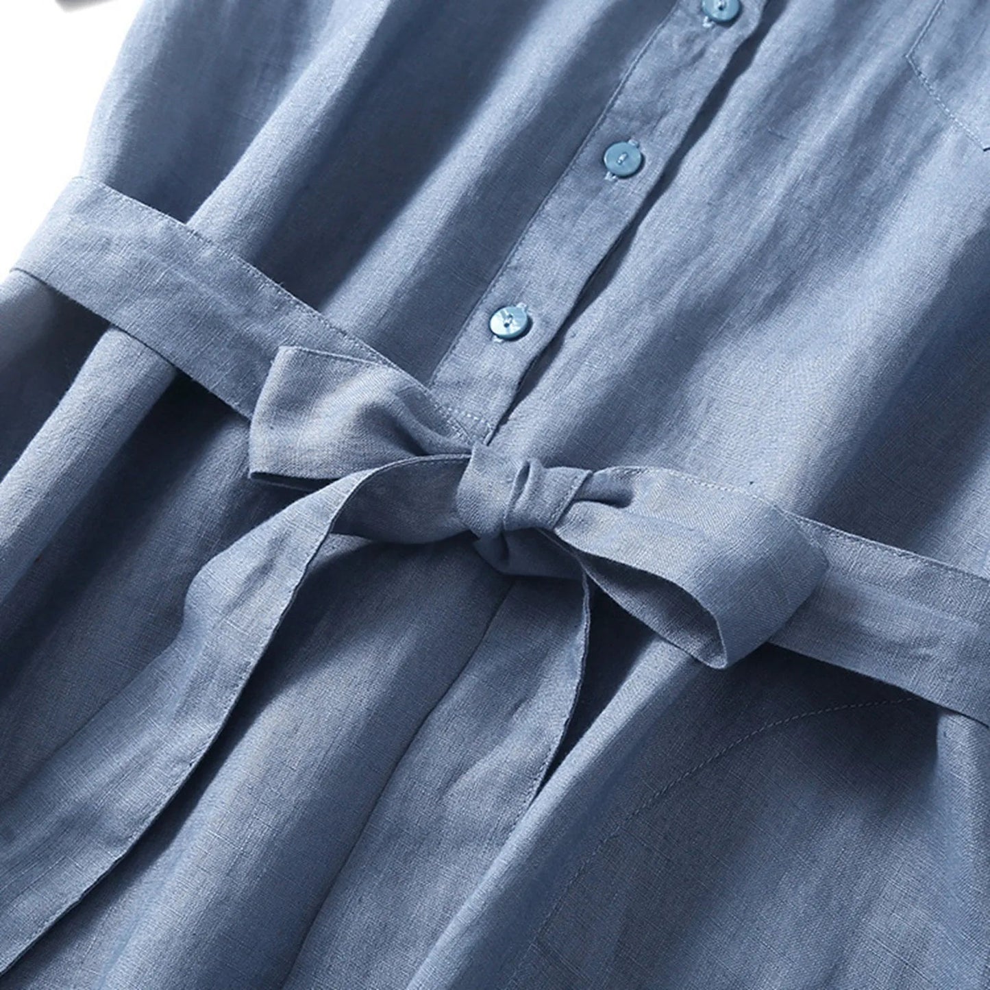 Liora Linen Dress — Breathable Collared Midi with Adjustable Belt