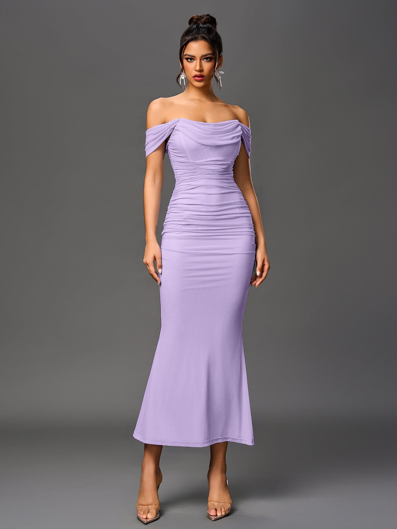 Vexira Off Shoulder Ruched Zipper Back Bodycon Dress