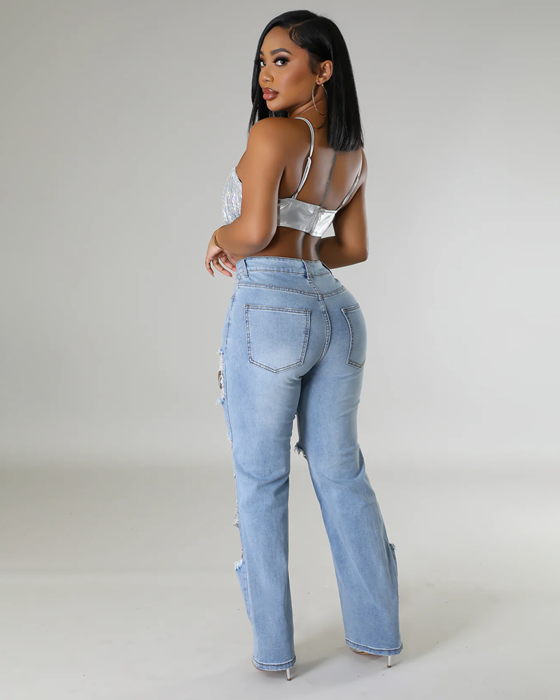 Norla — High-Waisted Pearl Embellished Stretch Jeans with Destroyed Finish