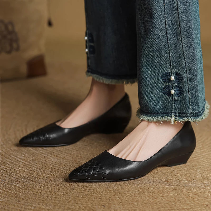 Emara Woven Leather Pumps — Genuine Leather Pointed Toe with Comfortable Wedge Heel