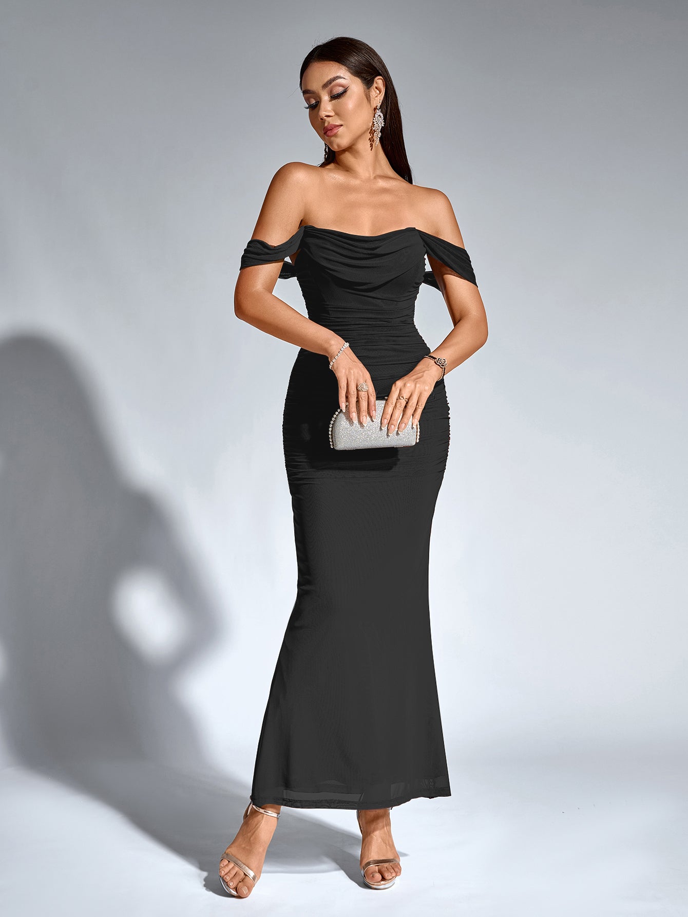 Vexira Off Shoulder Ruched Zipper Back Bodycon Dress
