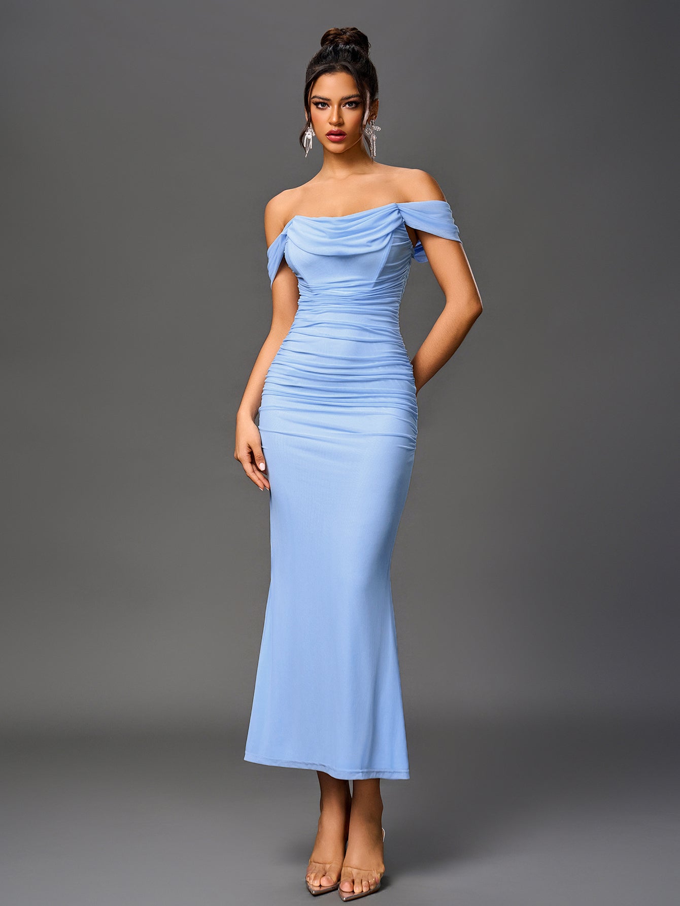 Vexira Off Shoulder Ruched Zipper Back Bodycon Dress