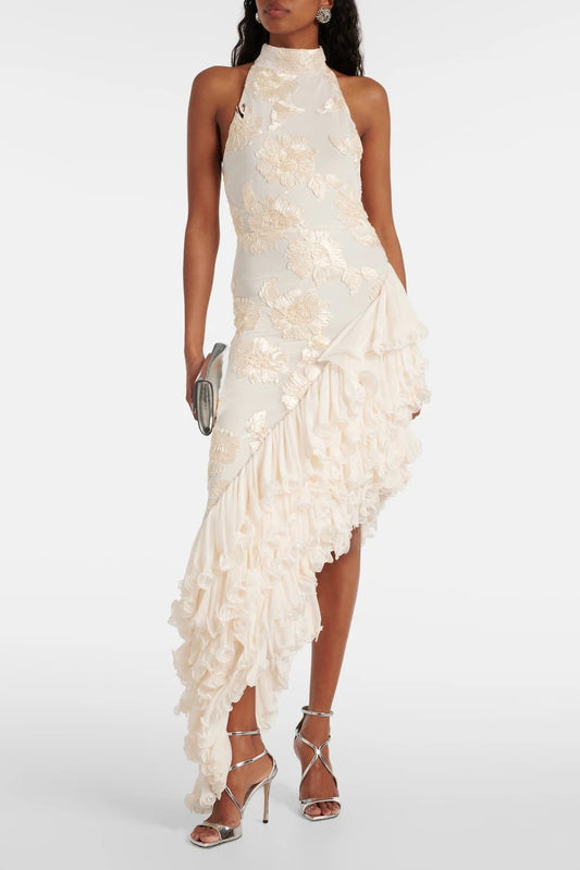 Liora — Floral Appliqué Maxi Dress with Sheer Layers