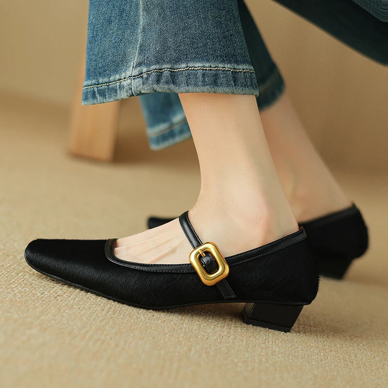 Embera — Genuine Horsehair Square-Toe Pumps with Low Block Heel
