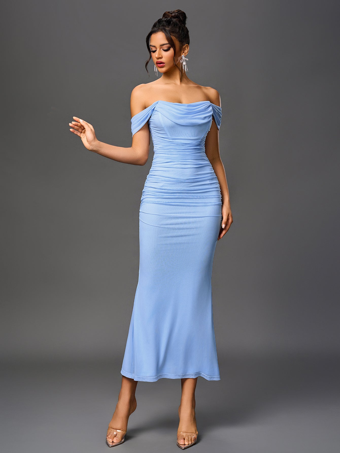 Vexira Off Shoulder Ruched Zipper Back Bodycon Dress