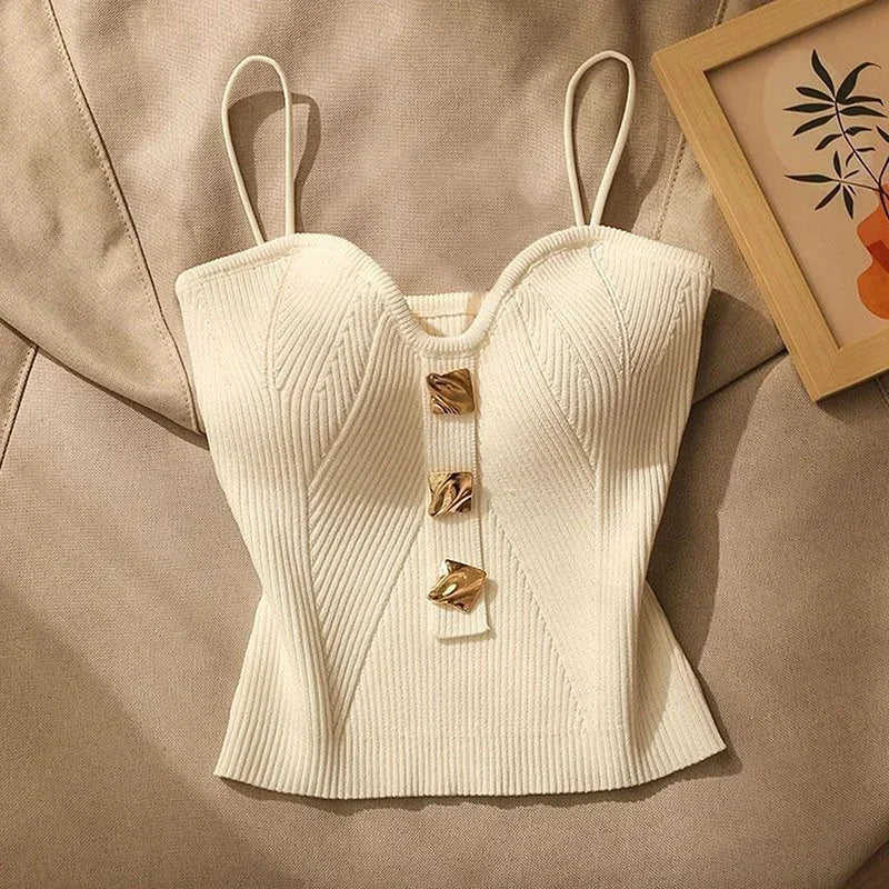 Marenna — Fine-Gauge Knit Crop Top with Gold Accents