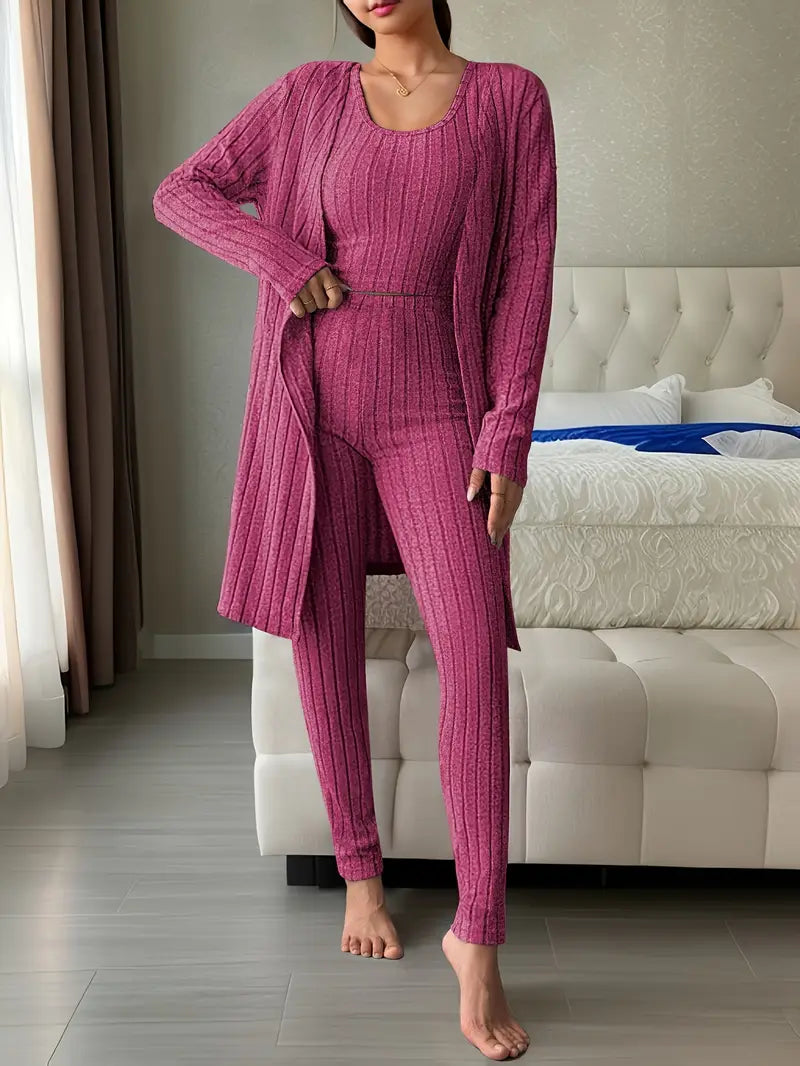 Vesira — 3-Piece Ribbed Knit Lounge Set with Slim Fit