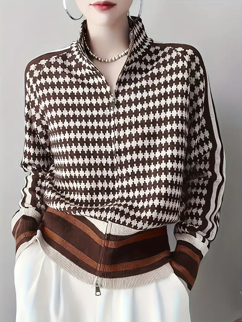 Zevran — Houndstooth Knit Sweater with Full Zip and High Collar