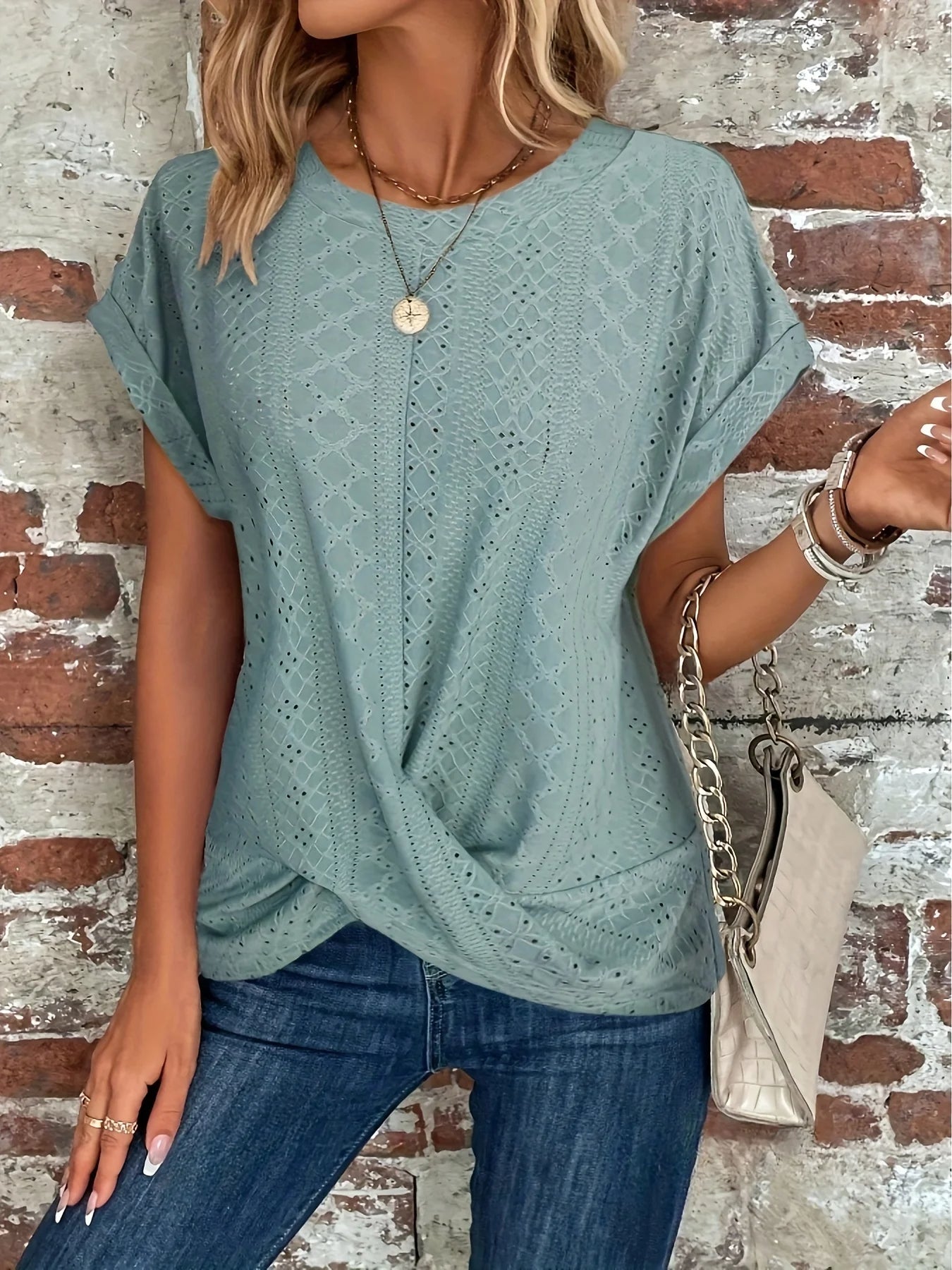 Liora Twist-Front Top — Women's Soft Knit Waffle Shirt with Sculpted Hem