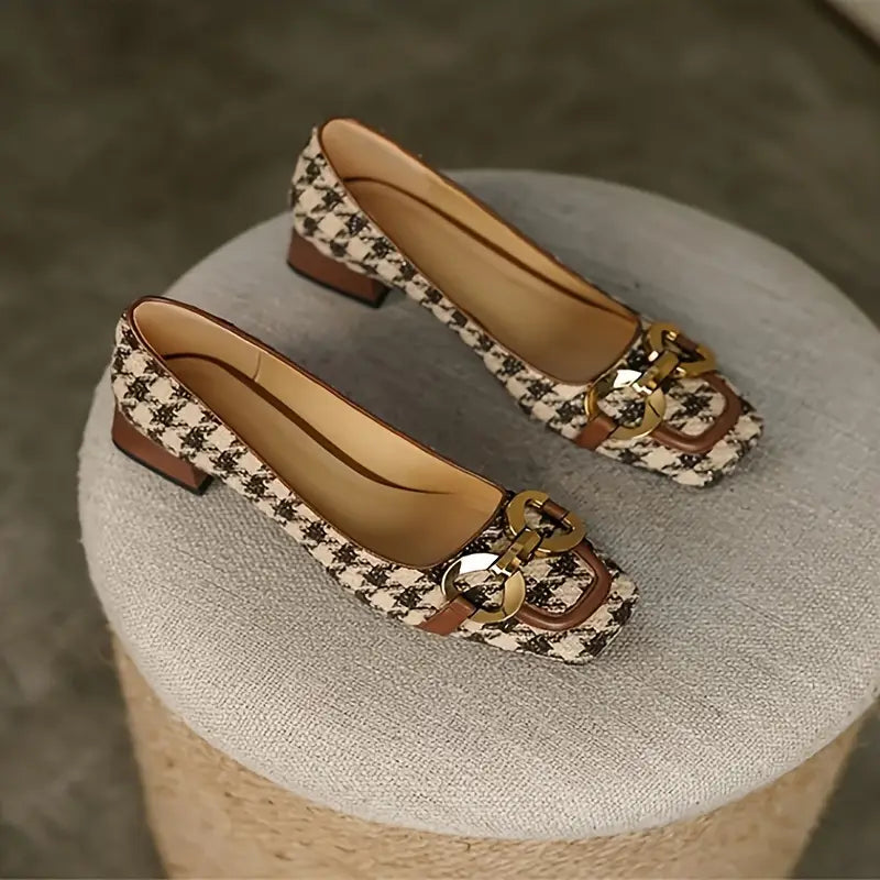 Blakewood Loafers — Houndstooth Tweed Shoes with Gold Buckle and Low Heel