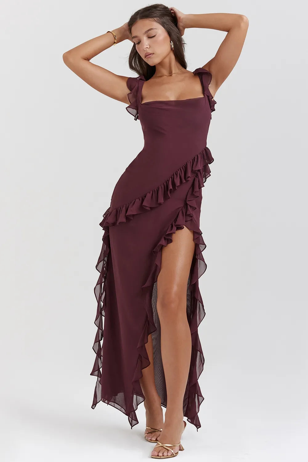 Zynlore Flutter Sleeve Ruffle Maxi Dress