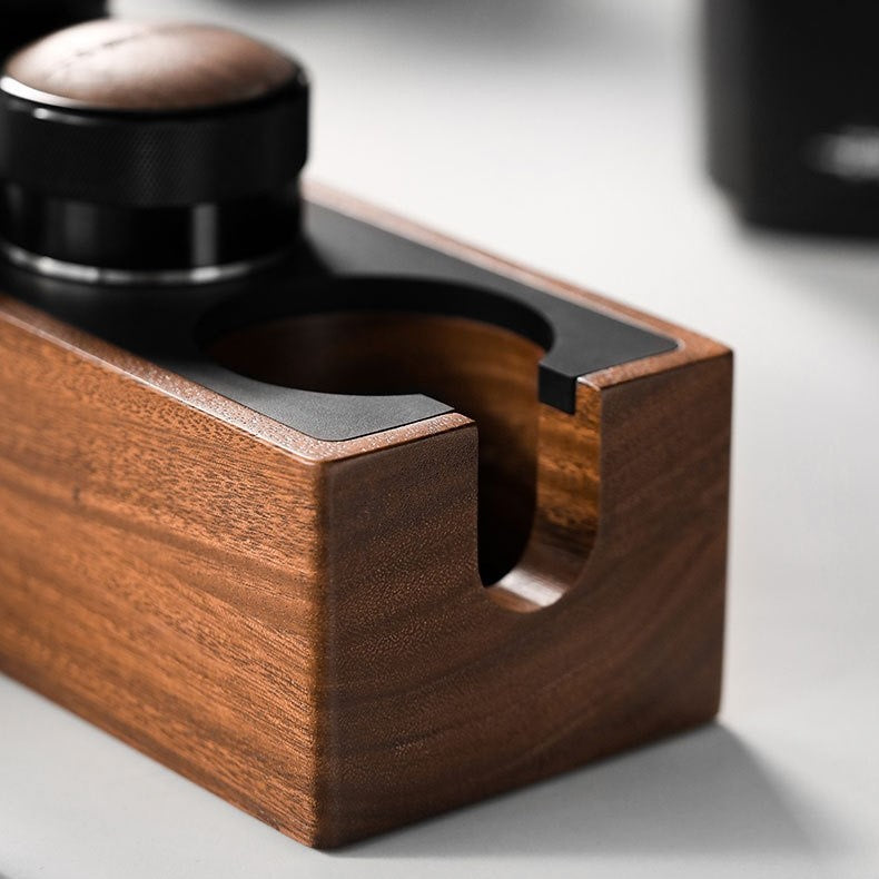 Barizio — Walnut Espresso Tamping Station with Silicone-Lined Slots