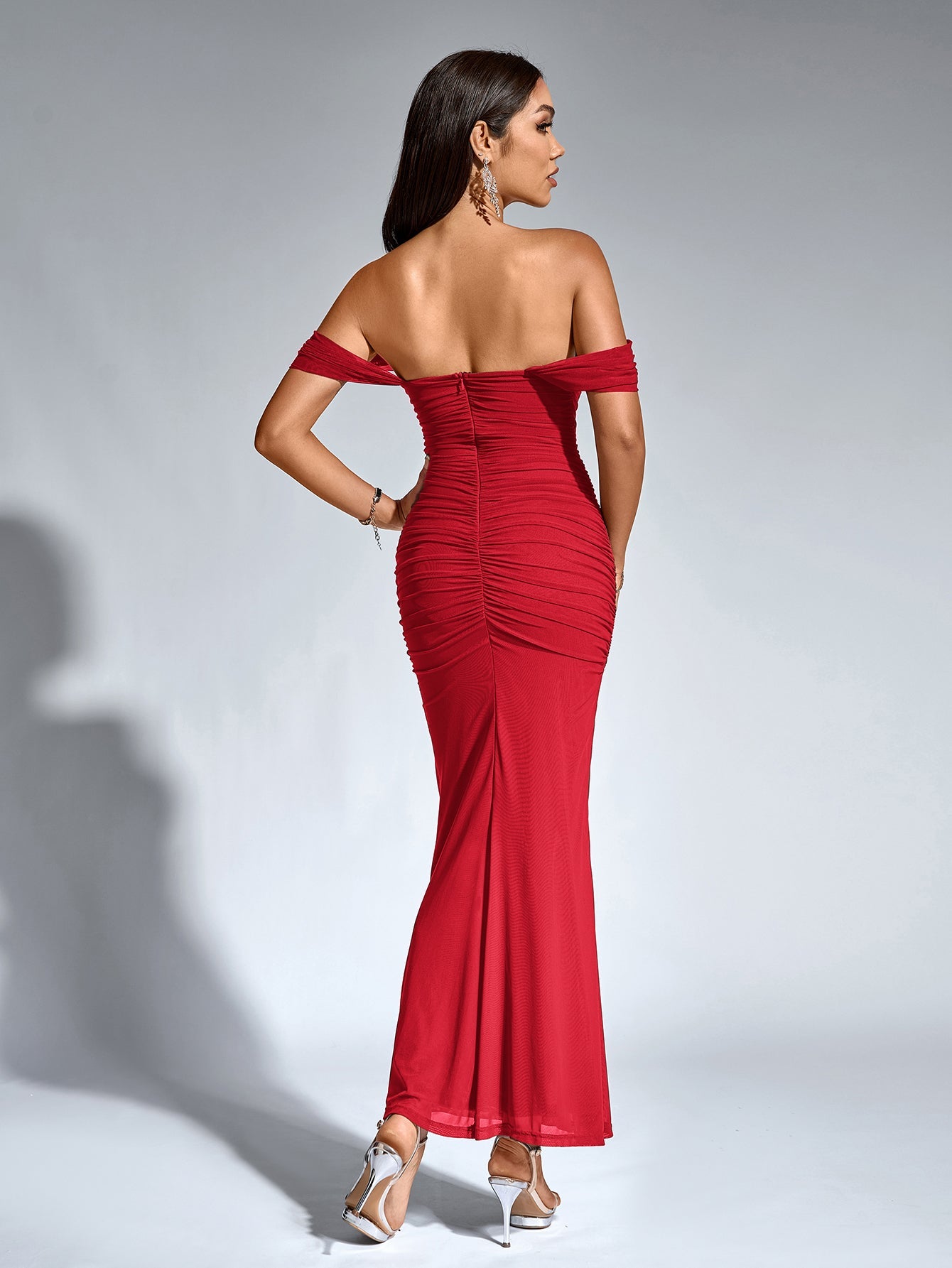 Vexira Off Shoulder Ruched Zipper Back Bodycon Dress