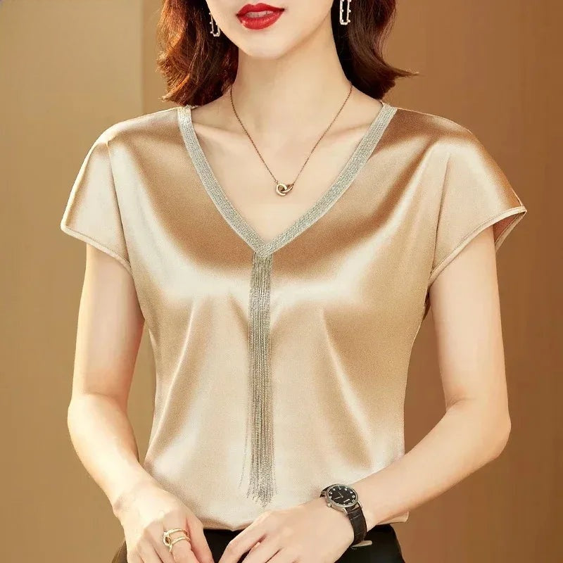 Celestea — Satin Blend V-Neck Dress with Fringe Detail