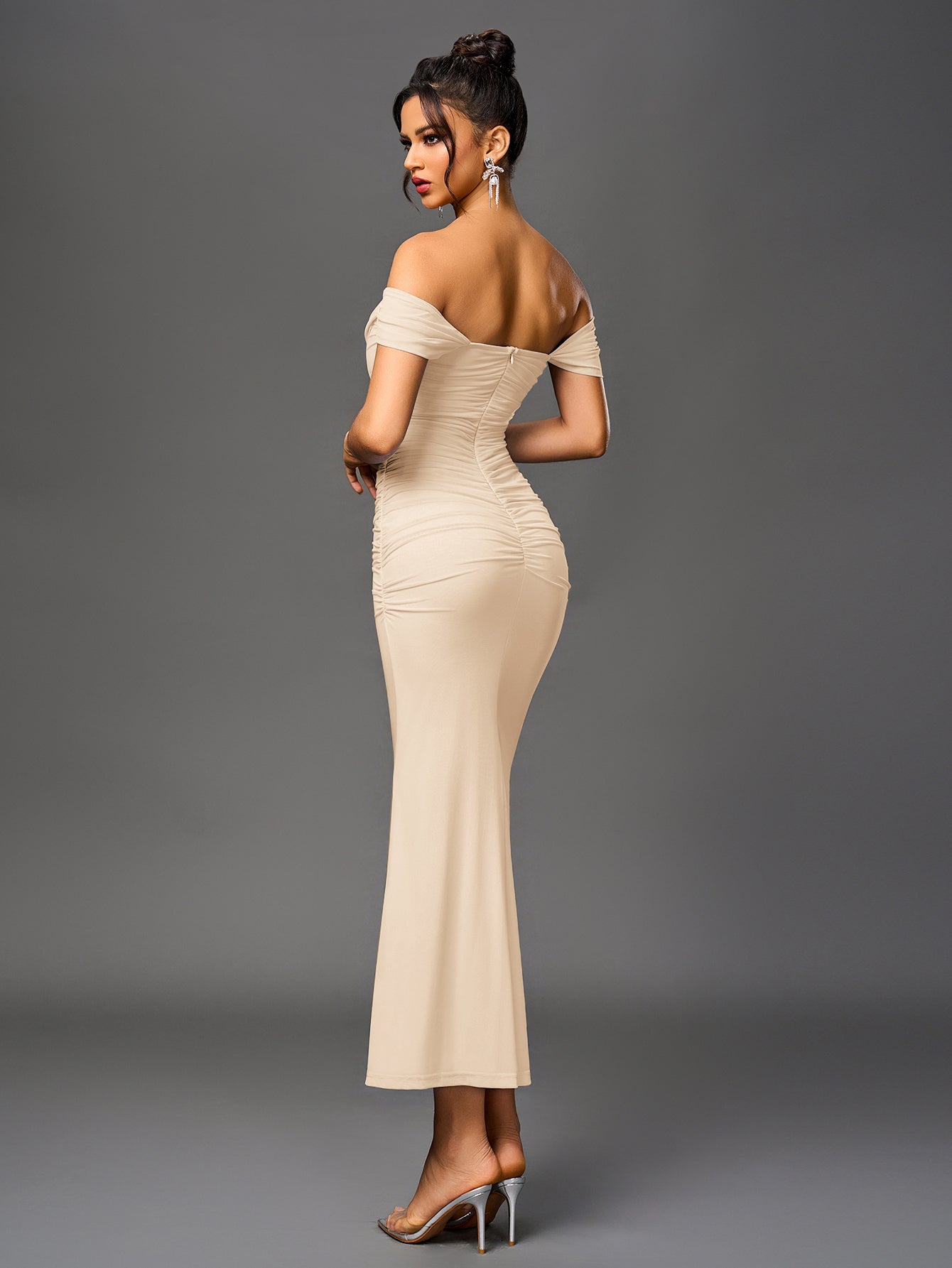 Vexira Off Shoulder Ruched Zipper Back Bodycon Dress
