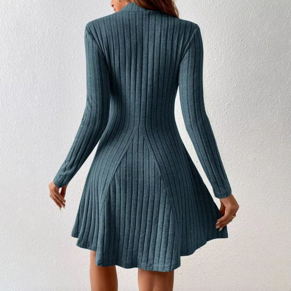 Lioren — Ribbed Mock Neck Dress with Flared Hem and Stretch Fit