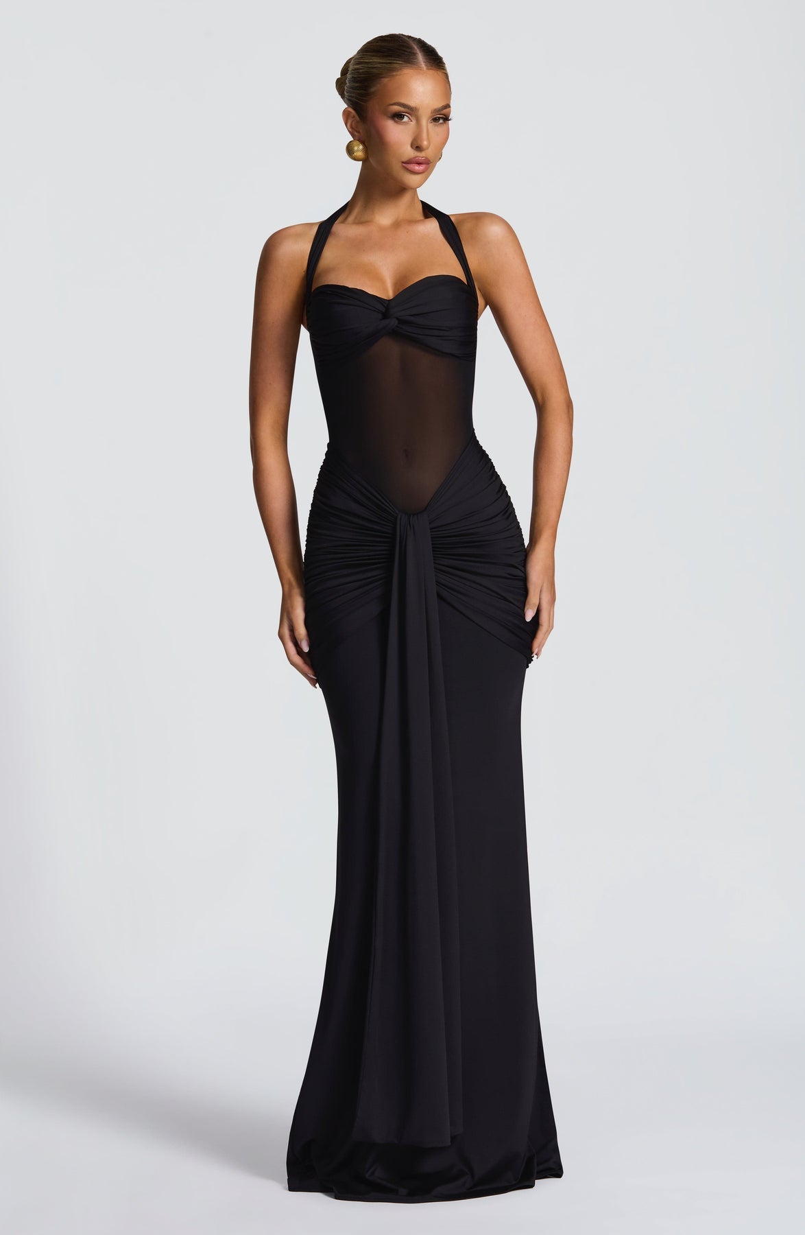 Liora — Sheer Mesh Bodycon Maxi Dress with Ruched Waist
