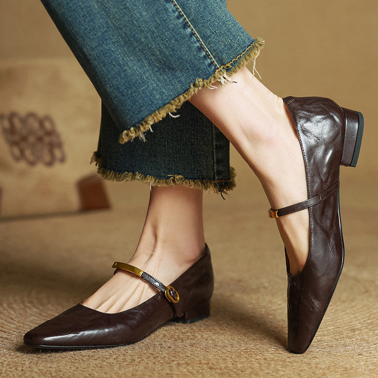 Ellara — Genuine Leather Mary Jane Pumps with Metal-Bit Strap