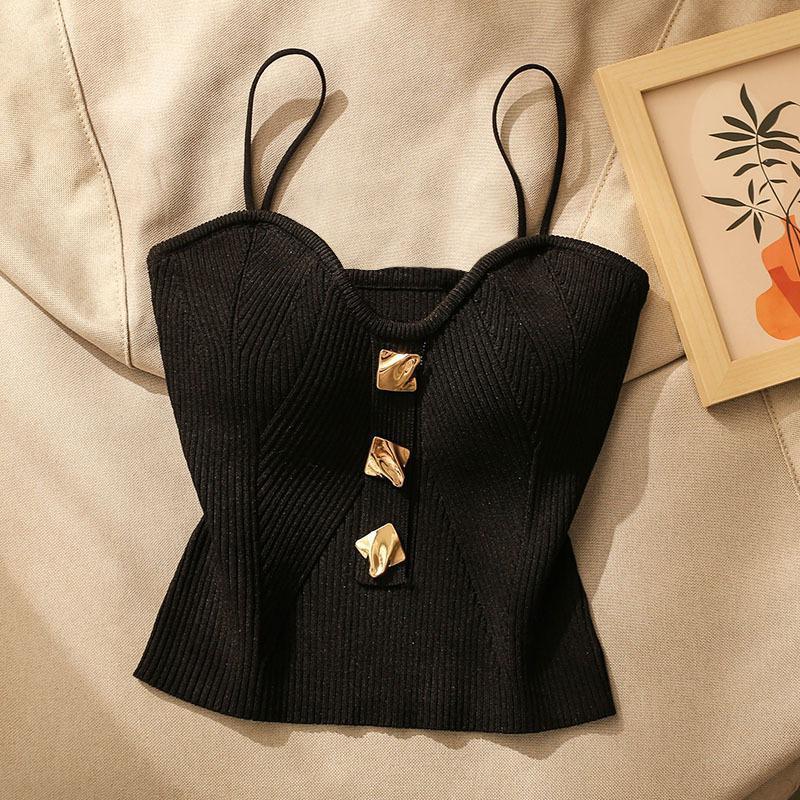 Marenna — Fine-Gauge Knit Crop Top with Gold Accents
