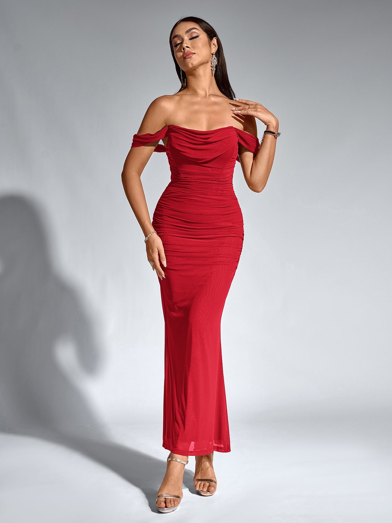 Vexira Off Shoulder Ruched Zipper Back Bodycon Dress