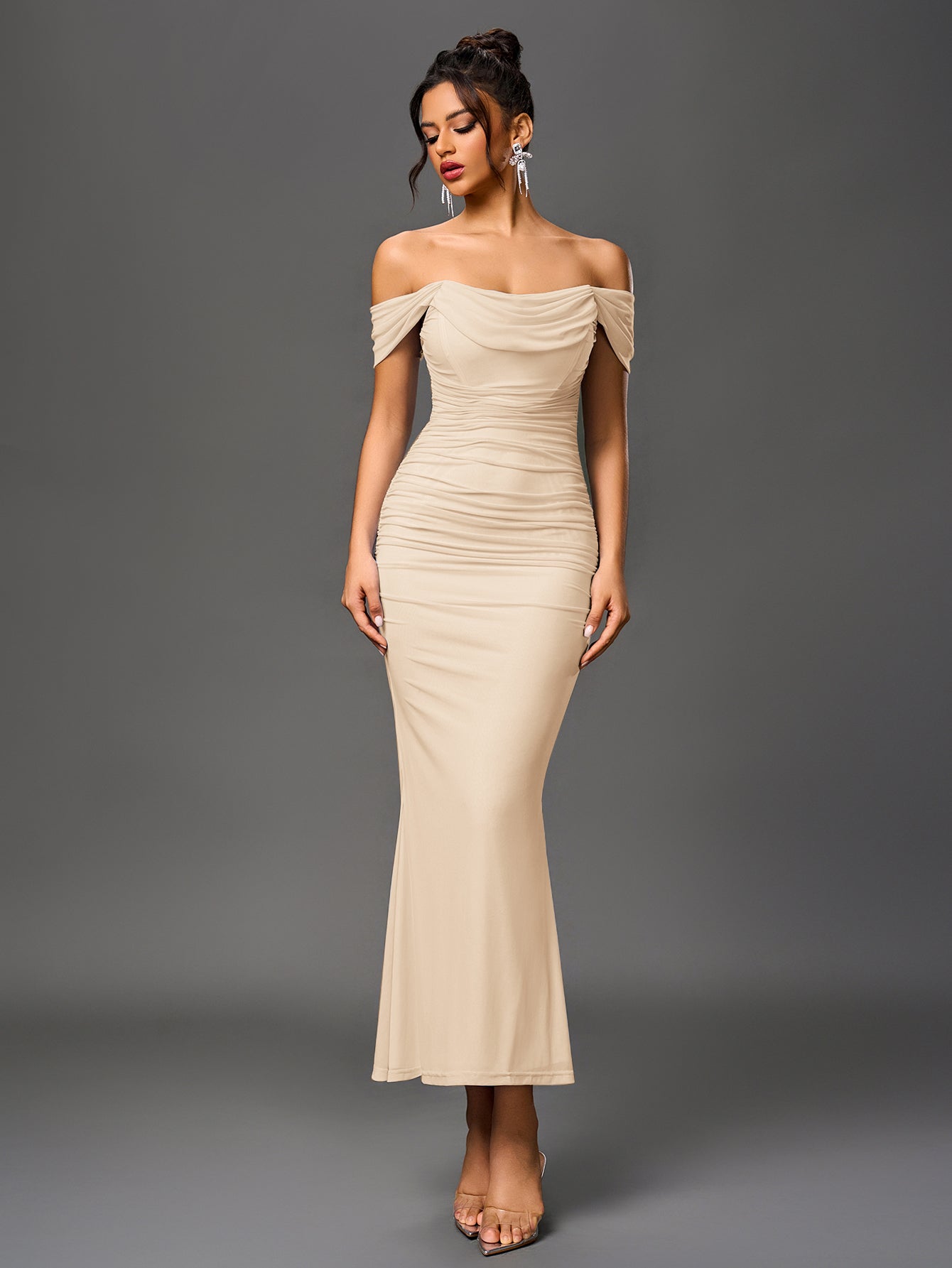 Vexira Off Shoulder Ruched Zipper Back Bodycon Dress