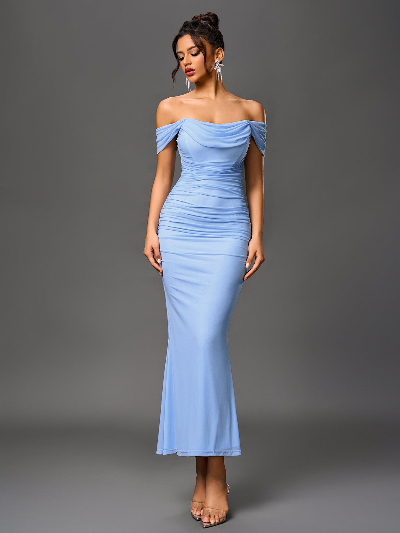 Vexira Off Shoulder Ruched Zipper Back Bodycon Dress