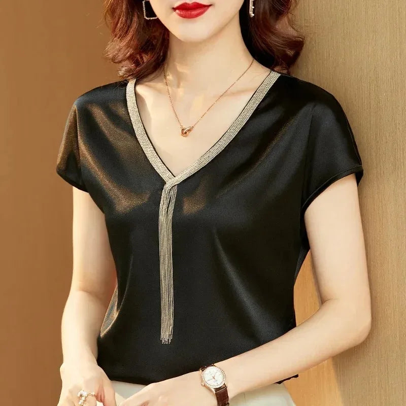 Celestea — Satin Blend V-Neck Dress with Fringe Detail