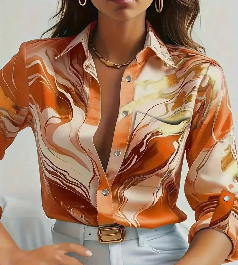 Madryn — Satin Silk Blend Button-Up Shirt with Marble Gloss Finish