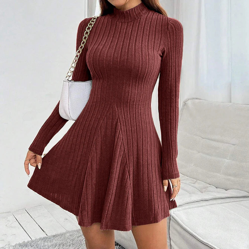 Lioren — Ribbed Mock Neck Dress with Flared Hem and Stretch Fit