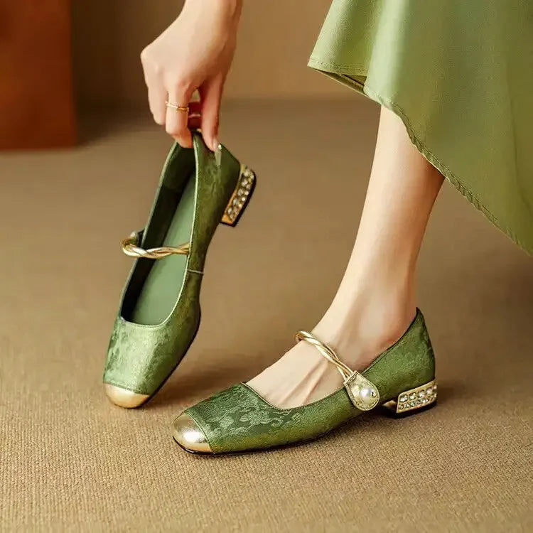 Aloria Silk Pumps — Vintage Style with Pearl Strap and Low Heel