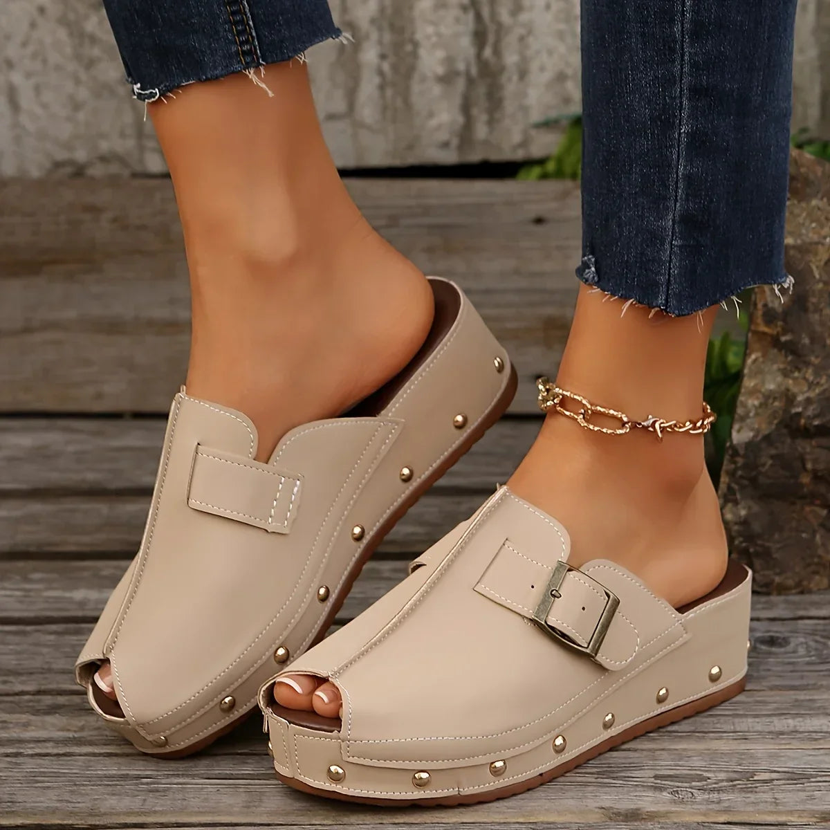 Liora — Women’s Vegan Leather Wedge Mules with Studded Sole
