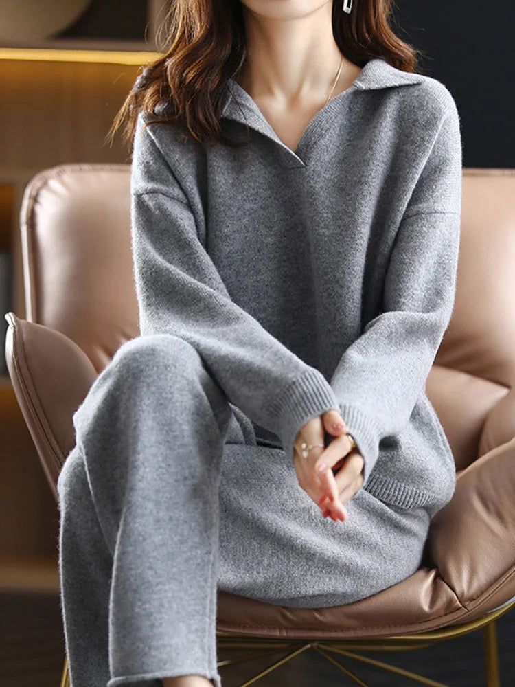 Liora — Cashmere Blend Polo Knit Two-Piece Set for Comfort