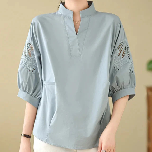 Celinora — Soft Linen Blend Floral Sleeve Top with V-Notch Neckline