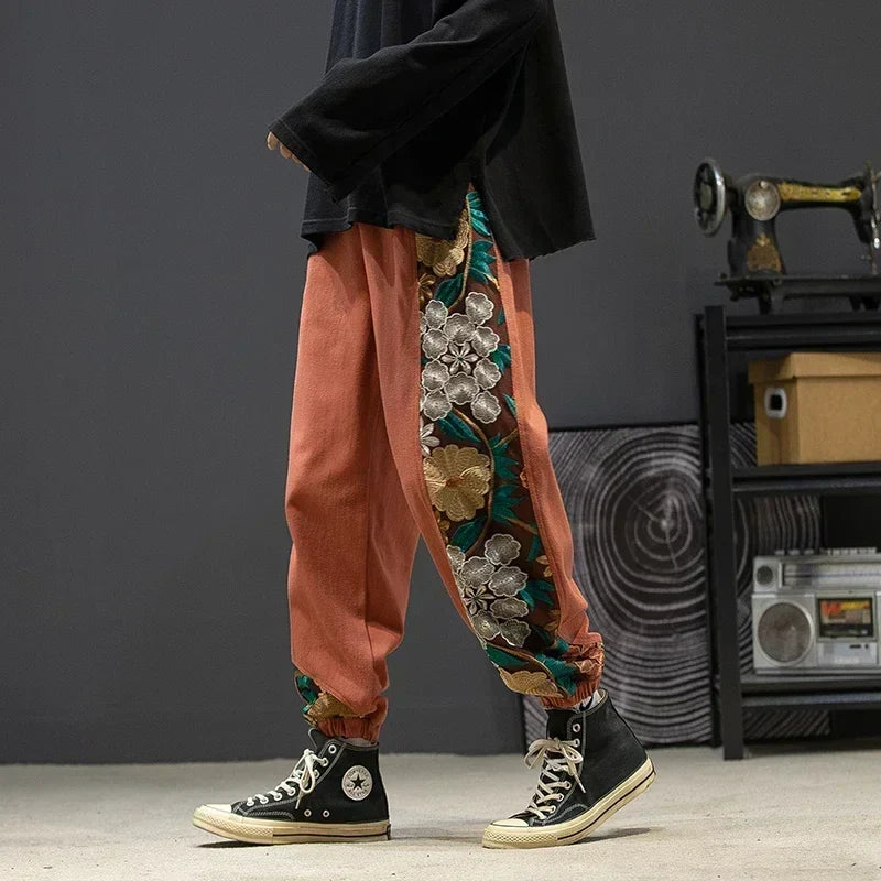 Arlenia — Vintage Cotton Pants with Floral Embroidery and Pockets