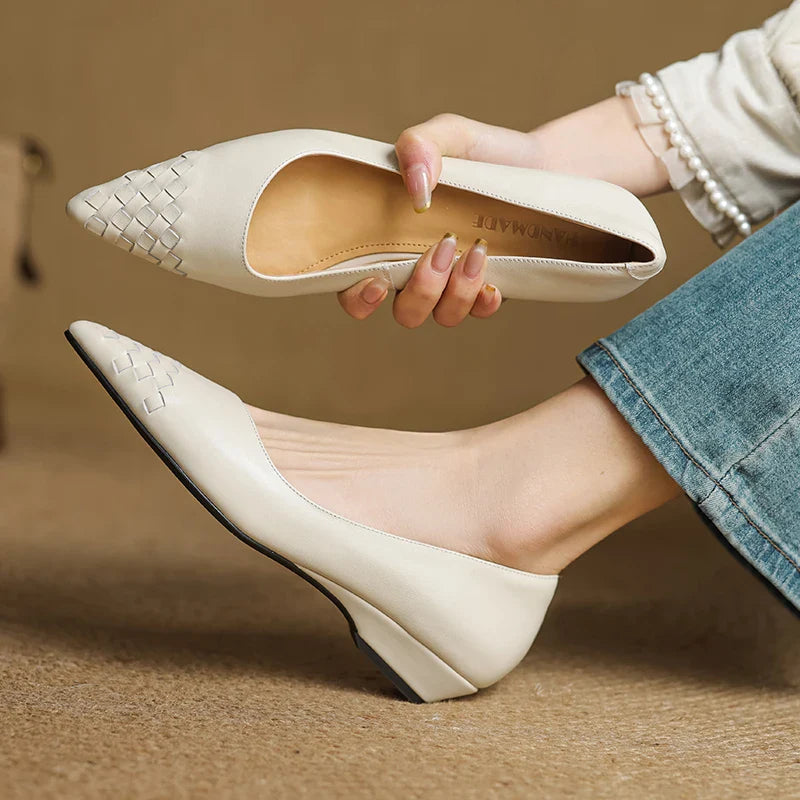 Emara Woven Leather Pumps — Genuine Leather Pointed Toe with Comfortable Wedge Heel