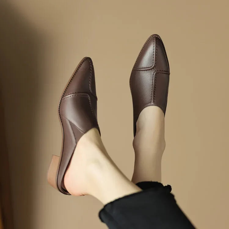 Elara — Hand-Stitched Leather Slip Mules with Wooden Heel