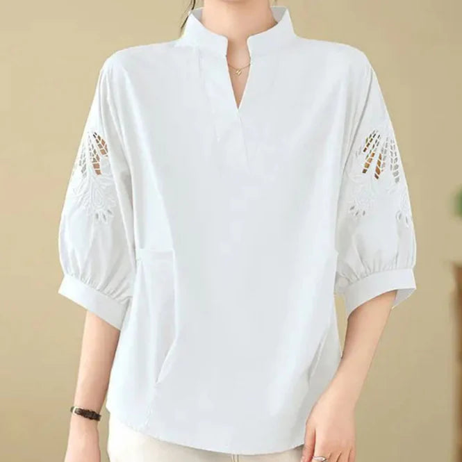 Celinora — Soft Linen Blend Floral Sleeve Top with V-Notch Neckline
