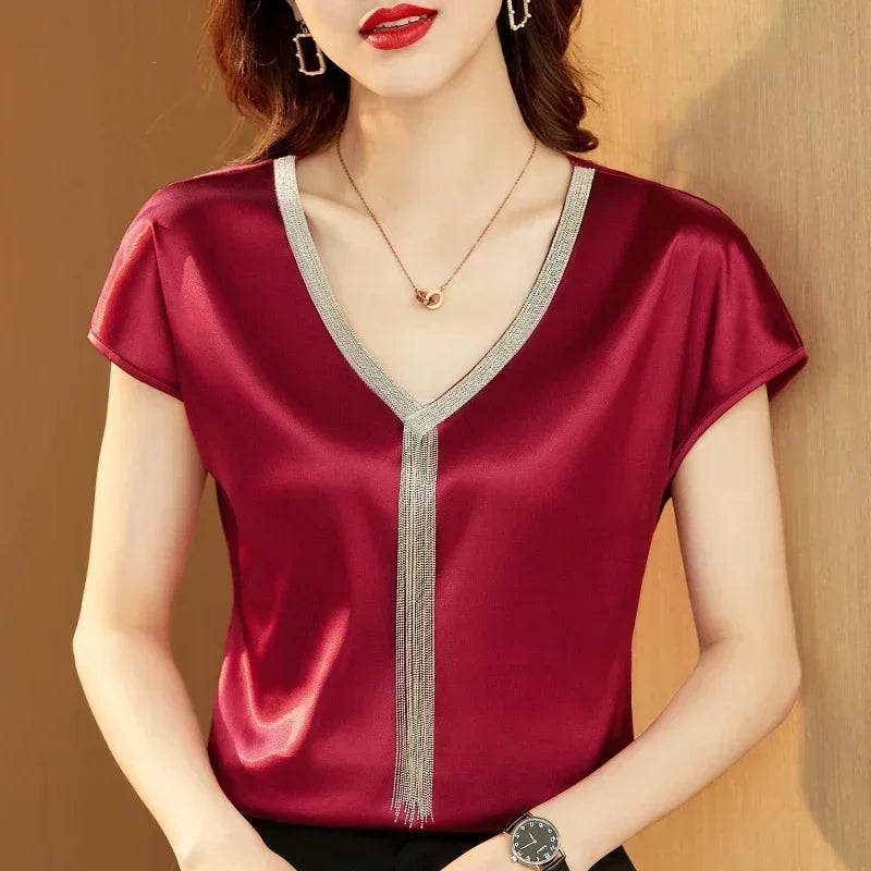 Celestea — Satin Blend V-Neck Dress with Fringe Detail
